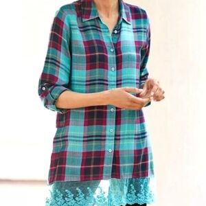 Soft Surroundings Turquoise Red Blue Plaid Lace Hem Adeline Tunic Shirt Sz PL